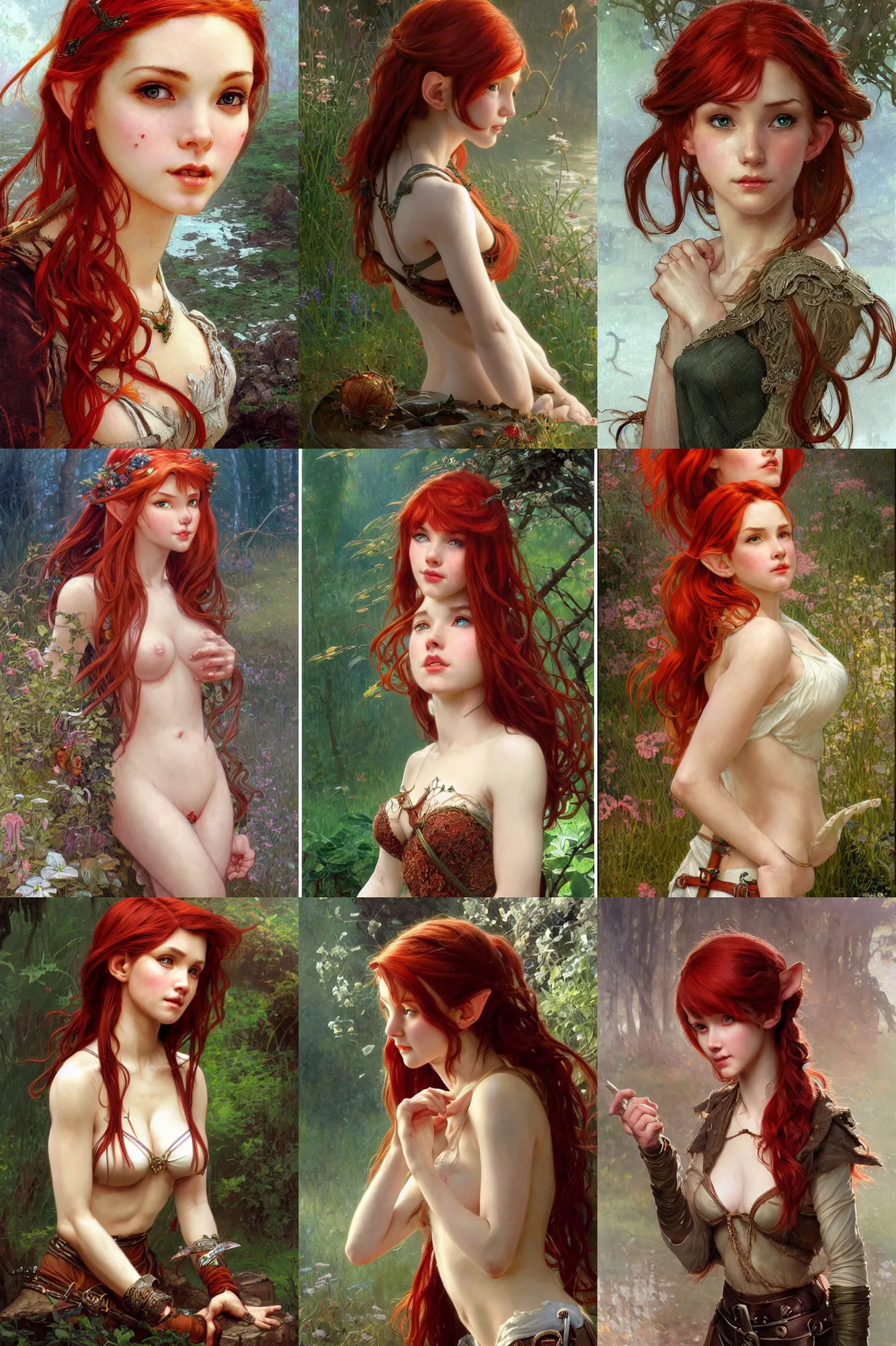Prompt: alluring highly detailed portrait of attractive (fully clothed) young elf girl with red hair, very detailed, realistic, by Stanley Artgerm Lau, greg rutkowski, thomas kindkade, alphonse mucha, loish, norman rockwell J.