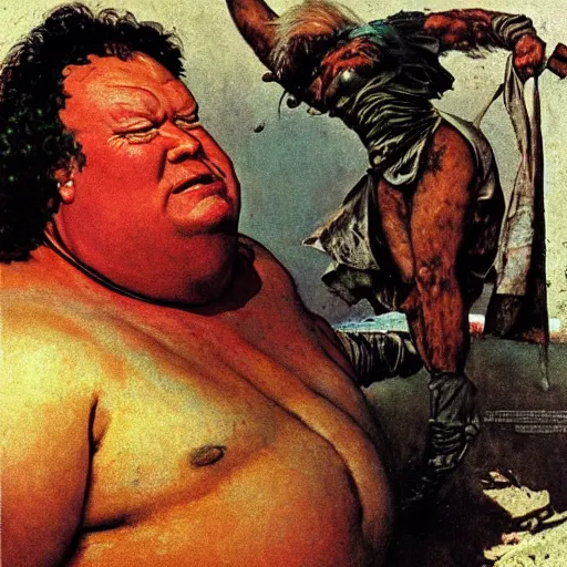 Image similar to dynamic upper body portrait of wrestler giant haystacks as baron harkonnen in 1982 movie dune, by norman rockwell and boris vallejo