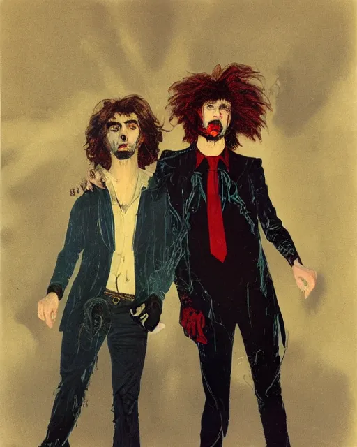 Image similar to two handsome but sinister young men in layers of fear, with haunted eyes and wild hair, 1 9 7 0 s, seventies, wallpaper, a little blood, moonlight showing injuries, delicate embellishments, painterly, offset printing technique, by brom, robert henri, walter popp