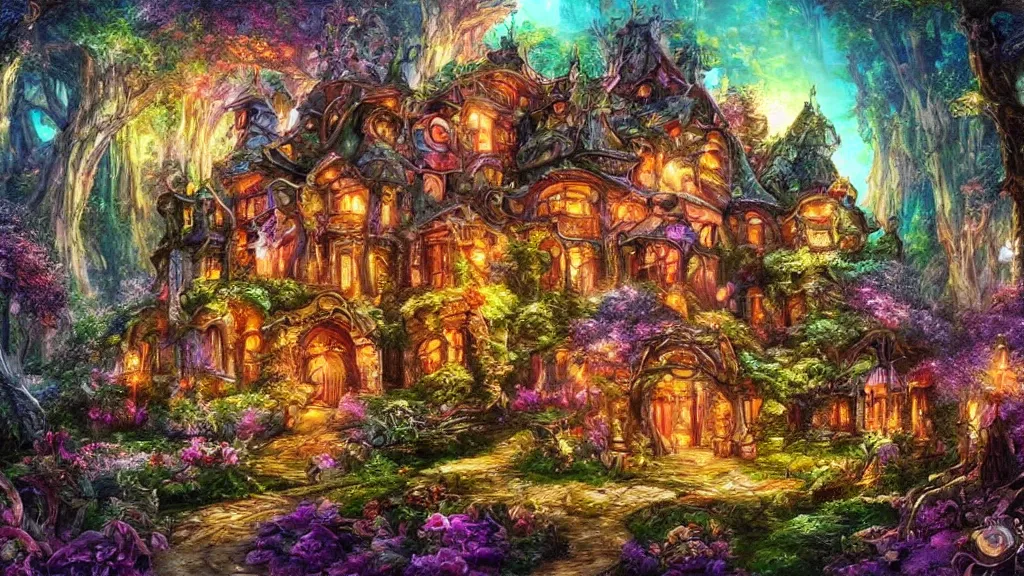 Image similar to Beautiful mansion in the woods” Beautiful Dreamscape, Digital art, concept art, detailed, lovely colors, Art station,3-D 4K, beautiful background, matte painting, Josephine wall,