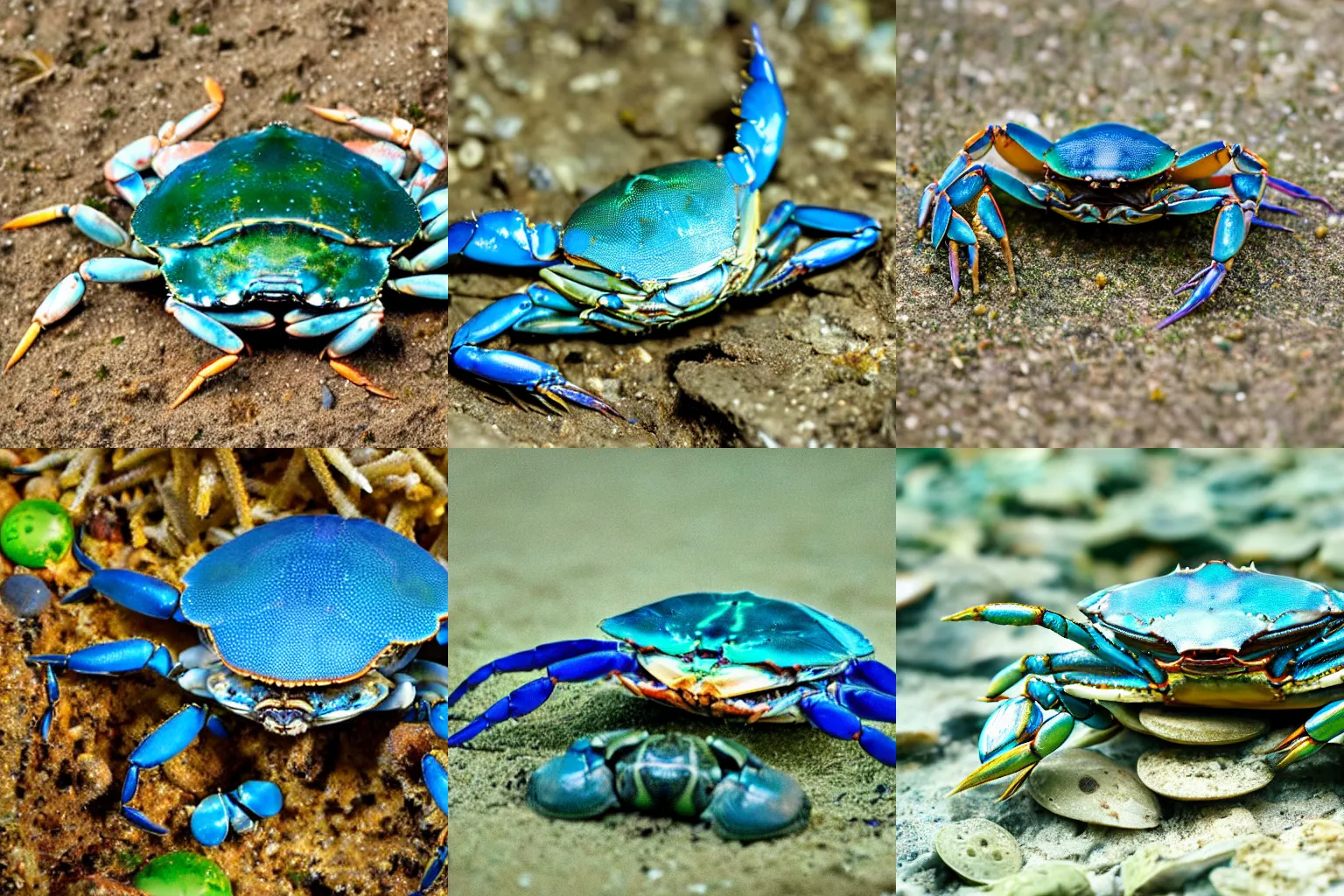 Prompt: a blue crab with green snails surrounding it