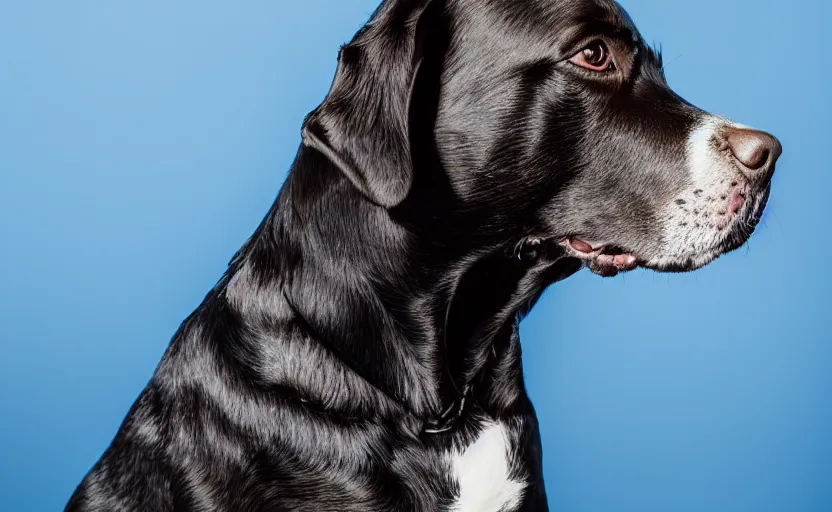 Prompt: portrait of a dog on blue background, rim light, beautiful lighting, 8 k