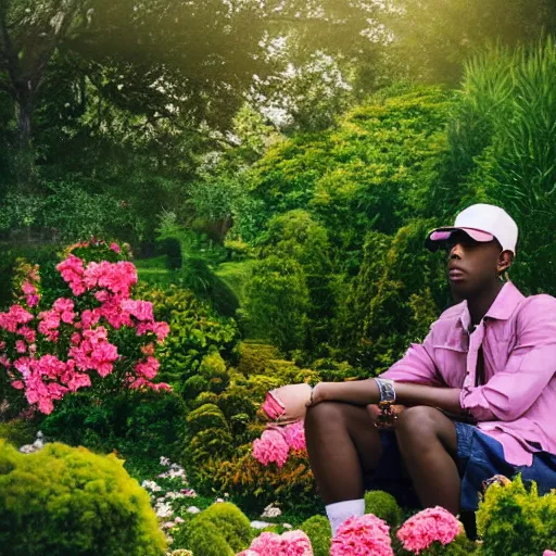 Image similar to A photo of Tyler the Creator sitting in the middle of a garden, 8K concept art, dreamy, garden, bushes, flowers, golden hour, vintage camera, detailed, UHD realistic faces, award winning photography, cinematic lighting