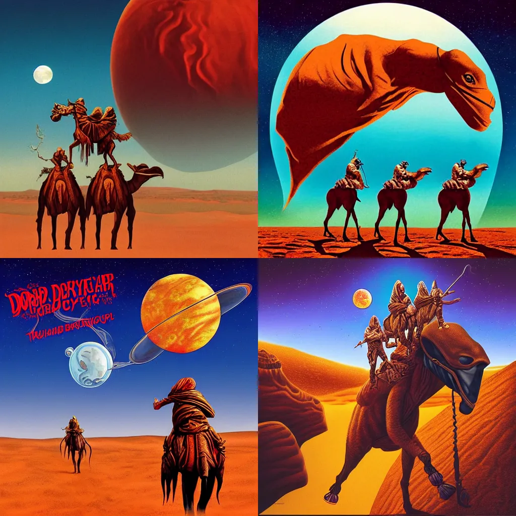 Prompt: arik roper style illustration of 4 cloaked donald trump riding alien camels on the album cover art of dopesmoker by sleep, gas mask, mars, brown red blue