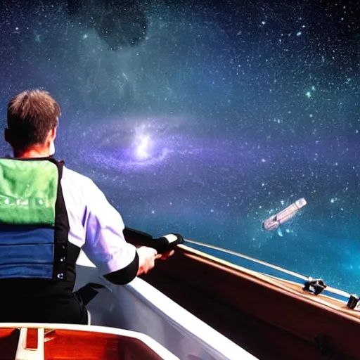 Image similar to A man rowing a boat through space, there are stars all around, photorealistic.