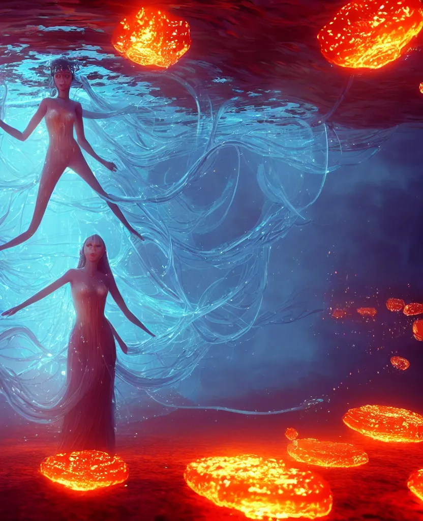 Prompt: close-up portrait of a beautiful princess floating in ethereum surrounded by floating jellyfish, energy flows of fire and water, flashes of plasma, 3d with depth of field, blurred background, a highly detailed epic cinematic concept art CG render. made in Maya, Blender and Photoshop, octane render, excellent composition, cinematic dystopian brutalist atmosphere, dynamic dramatic cinematic lighting, aesthetic, very inspirational, arthouse. y Greg Rutkowski, Ilya Kuvshinov, WLOP, Stanley Artgerm Lau, Ruan Jia and Fenghua Zhong