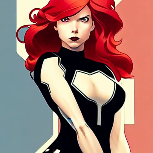 Image similar to phil noto comicbook cover art, black widow marvel, symmetrical eyes, long red hair, full body, city rooftop