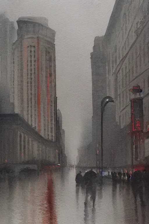 Image similar to A watercolor about the Bund in modern Shanghai, wet street, cloudy, gloomy, poignant, high contrast, smooth, by Joseph Zbikowicz, 8k