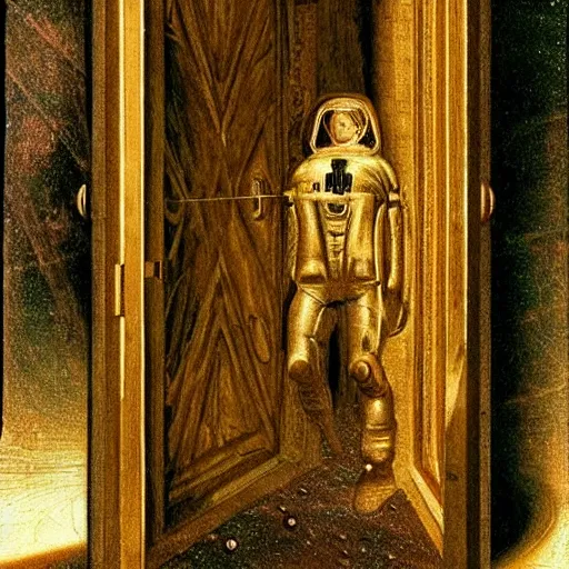 Prompt: golden ratio, photo - realism, space astronaut opening door that shows space and time created by leonardo davinci with extra detail, epic.