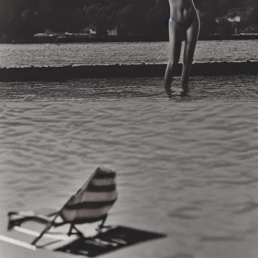 Image similar to A Film photograph of a swimsuit clothes, no person, left on a deck chair. by Cameron Hammond. 1980s magazine style. Cinematic, Golden Hour. Lens flare. 85mm lens, Kodak Gold Film photography