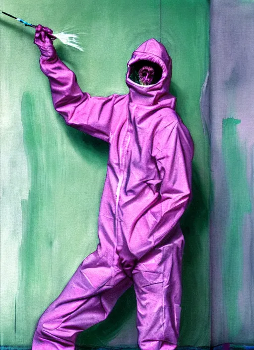 Image similar to a skinny, starving artist in a hazmat suit, painting the walls inside a deserted chernobyl, hauntingly surreal, highly detailed painting by francis bacon, edward hopper, adrian ghenie, gerhard richter, and james jean, soft light 4 k in pink, green and blue colour palette, science fiction, highly detailed