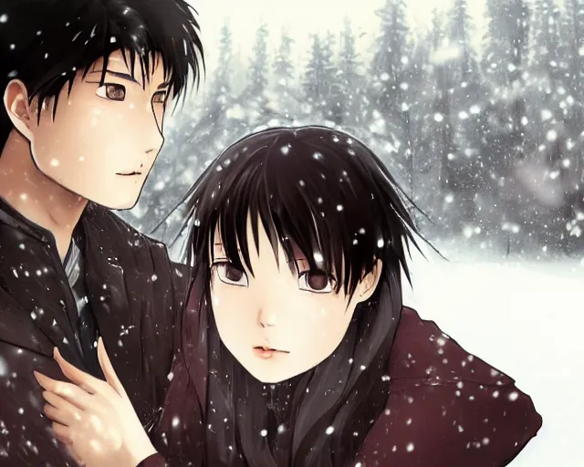 Image similar to hijikata toushirou, of a boy with short black hair and a girl with long flowing auburn hair sitting together on the porch of a cabin on a mountain overlooking a snowy forest. atmospheric lighting, long shot, romantic, boy and girl are the focus, cold lighting, snow, portrait, close up, concept art, intricate details, highly detailed by wlop