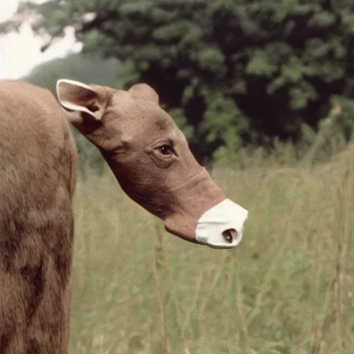 Image similar to beautiful woman with a long snout, wearing eyeballs on her head, in the countryside 1974 arthouse film, archival footage, technicolor film expired film