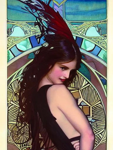 Prompt: a beautiful painting of natalie portman by Alphonse Mucha and by yoshitaka Amano and by Mark Brooks and by john william waterhouse, Art Nouveau, Neo-Gothic, gothic, award winning painting, hyperdetailed, detailed