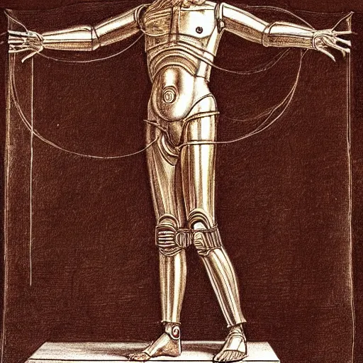 Prompt: c 3 po as the vitruvian man, drawing by leonardo da vinci, pencil