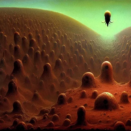 Image similar to flying alien creatures on an alien landscape, painted by beksinski, 4 k, intricate details, unreal engine, dynamic lighting