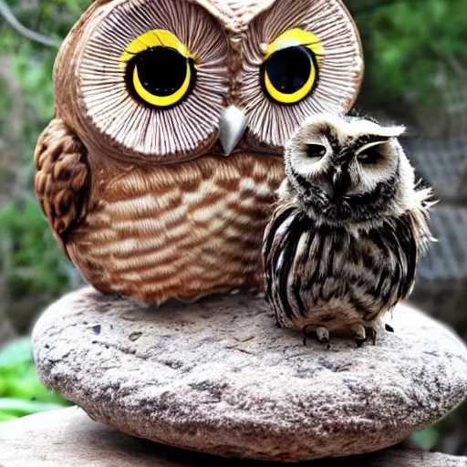 Prompt: a raisin - sized owl and an owl - sized raisin