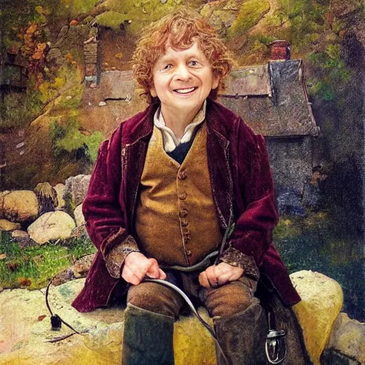 Image similar to bilbo baggins gets on instagram, realistic oil painting, style of norman rockwell, 8 k, super sharp, ultra detail, rule of thirds.