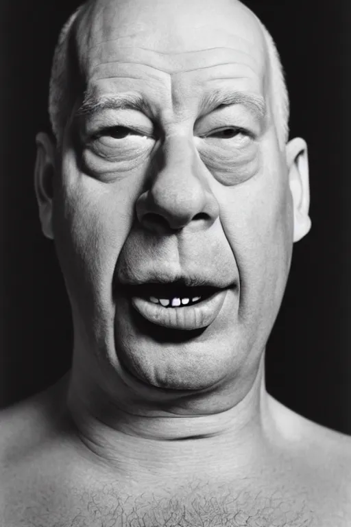 Prompt: studio portrait of man that looks excactly like homer simpson, lookalike, as if homer simpson came to life, soft light, black background, fine details, close - up, award winning photo by herb ritts