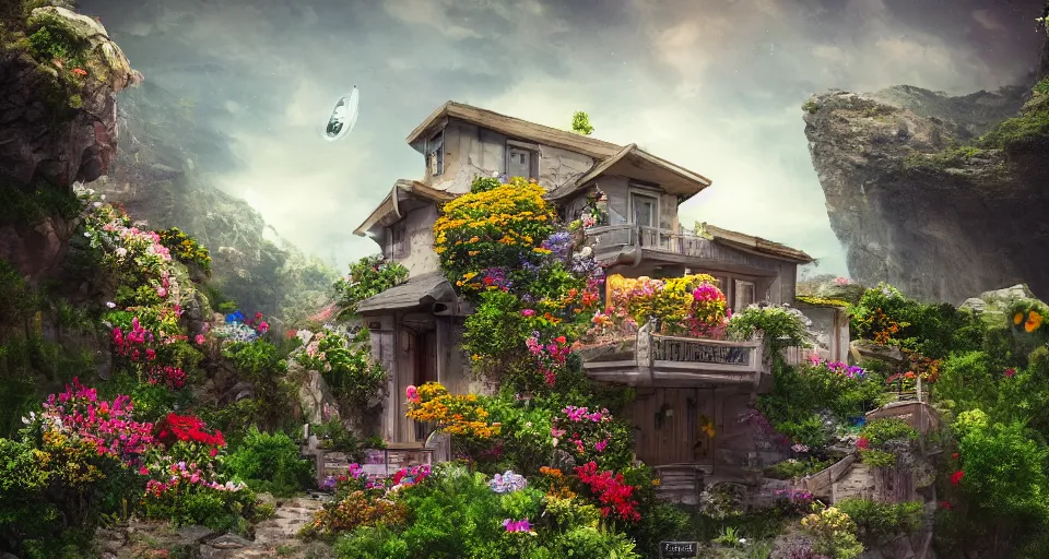 Image similar to small house in canyon filled with flowers, space ship flying by, photorealistic, trending on artstation, moody
