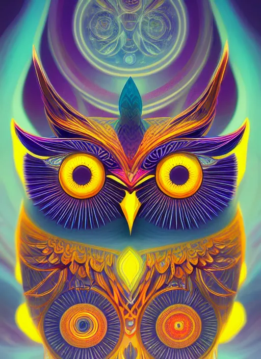 Image similar to symmetry!! product render poster vivid colors divine proportion owl, divine, glowing fog intricate, elegant, highly detailed, digital painting, artstation, concept art, smooth, sharp focus, illustration,