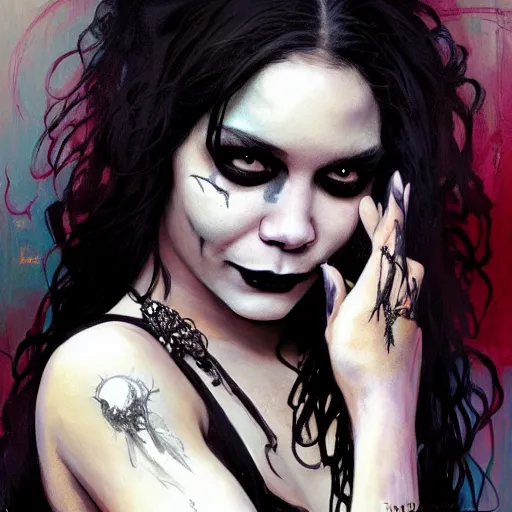 Image similar to beautiful portrait of vanessa hudgens as death from sandman, smiling, by cedric peyravernay, alphonse mucha, by jeremy mann, by lecouffe deharme, goth chic, soft lightning, eyeliner, punk rock, high detailed, 8 k