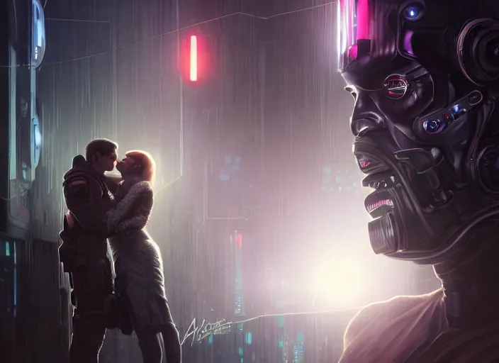 Image similar to ultra realistic medium shot of a couple of cyborgs kissing, lovers, cyberpunk, sci - fi, fantasy, kodak, colour led lighting, soft light, volumetric lighting, fog, rays, night, intricate, highly detailed, digital painting, concept art, smooth, sharp focus, illustration, art by artgerm and greg rutkowski and alphonse mucha