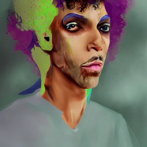 Prompt: a messy painting of Prince. Jealousy. Twin sisters. Trending on ArtStation