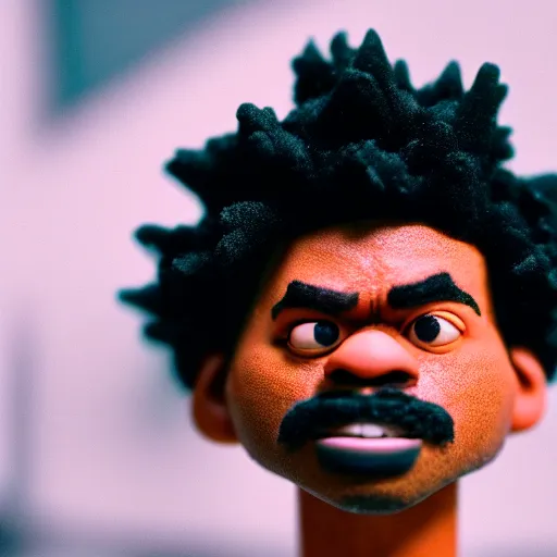 Image similar to a cinematic film still of a claymation stop motion film starring chance the rapper as a college student, shallow depth of field, 8 0 mm, f 1. 8