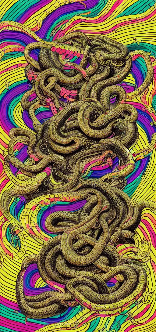 Prompt: mutant snakes and hairy hippos dissolving into melted liquid braids, cubensis, aztec, basil wolverton, r crumb, hr giger, mc escher, dali, muted but vibrant colors, rainbow tubing, exposed gold wires, graffiti