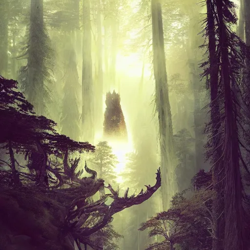 Image similar to a giant creature towering over the forest, 8 k octane beautifully detailed render, post - processing, extremely hyper - detailed, intricate, epic composition, cinematic lighting, masterpiece, trending on artstation, masterpiece, stunning art by anders zorn, wonderful masterpiece by greg rutkowski, beautiful cinematic