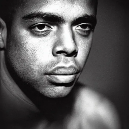 Prompt: portrait of brazilian ronaldo luis nazario de lima by yousuf karsh, holy halo, neon ambient lighting, high detail