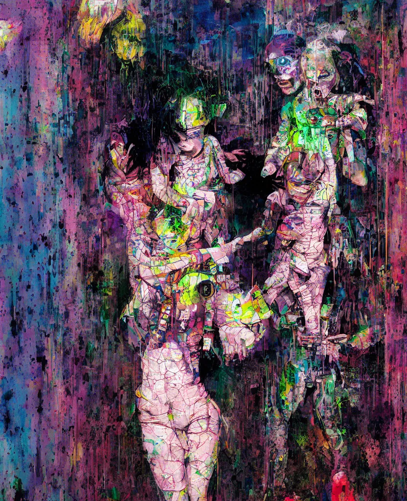 Prompt: highly pixelated, datamosh, corrupted image professional photo of a cyborg woman and a child crying in a butchers fridge painted by Adrian Ghenie, Francis Bacon, highly detailed Beksinski painting, high resolution, , pixel sorted,