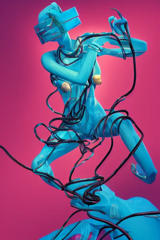 Prompt: epic 3 d abstract 🇵🇷 headset hacker, spinning hands and feet, 9 0 mm, plum and teal peanut butter melting smoothly into asymmetrical ficus and fig trees, thick wires looping, solar powered, floating screens, houdini sidefx, trending on artstation, by jeremy mann, ilya kuvshinov, jamie hewlett and ayami kojima