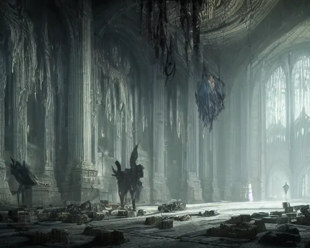 Image similar to king of the wolves - fantasy, inside the king's hall wolves and their treasures, ethereal, ominous, misty, 8 k, by h. r. giger and greg rutkowski, the last guardian by fumito ueda - elden ring