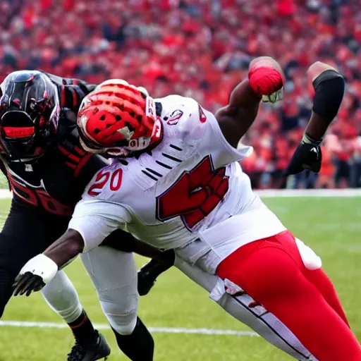 Image similar to lamar jackson standing on top of the body of tj watt