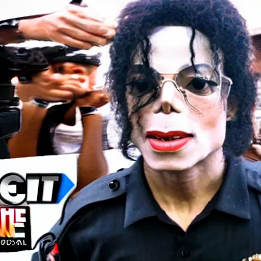 Prompt: bodycam footage of michael jackson getting arrested for faking his own death, wide angle, fisheye, uhd, 8 k, bodycam, award winning