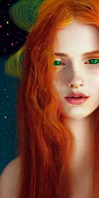 Prompt: an amazed young woman surrounded by golden firefly lights in a mesmerizing scene, sitting amidst nature fully covered, long loose red hair, precise linework, accurate green eyes, small nose with freckles, smooth oval shape face, empathic, bright smile, expressive emotions, hyper realistic ultrafine portrait by artemisia gentileschi, jessica rossier, artgerm