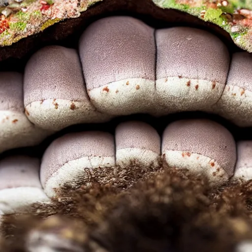 Image similar to macro photo with a mushroom character with cute eyes and mycelium, very close to real nature, natural colors and natural surroundings, painted patterns and coloring on mushrooms, 8K, highly detailed, cartoon