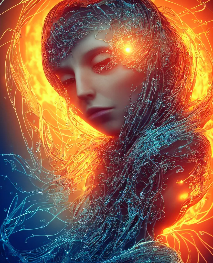 Image similar to close-up macro portrait of the face of a beautiful princess, epic angle and pose, symmetrical artwork, 3d with depth of field, blurred background, cybernetic jellyfish female face skull phoenix bird, translucent, nautilus, energy flows of water and fire. a highly detailed epic cinematic concept art CG render. made in Maya, Blender and Photoshop, octane render, excellent composition, cinematic dystopian brutalist atmosphere, dynamic dramatic cinematic lighting, aesthetic, very inspirational, arthouse. y Greg Rutkowski, Ilya Kuvshinov, WLOP, Stanley Artgerm Lau, Ruan Jia and Fenghua Zhong