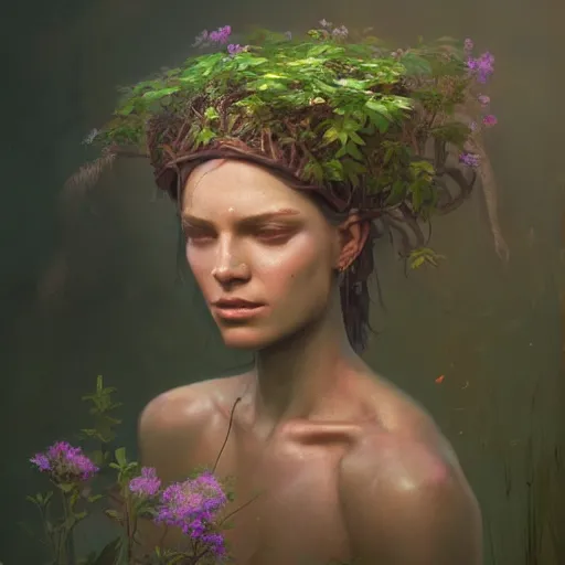 Image similar to a beautiful portrait of a plant goddess by Greg Rutkowski and Raymond Swanland, Trending on Artstation, ultra realistic digital art