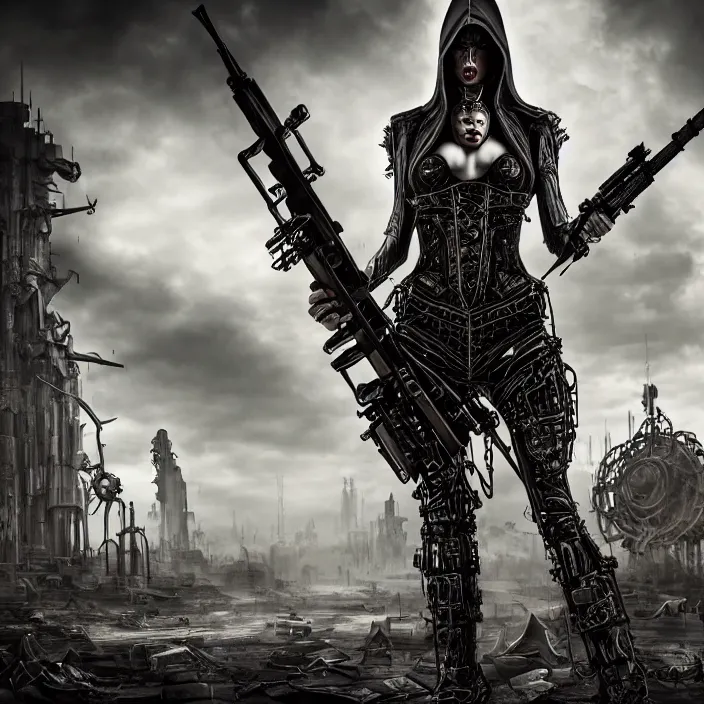 Image similar to apocalyptic woman in hood standing in hall of machinery and weaponry, hyper - detailed, smooth, sharp focus, 4 k ultra hd, fantasy dark art