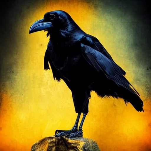 Image similar to anthropomorphic art of a raven wearing a layered yellow coat, holding a black flame, dark, moody, smooth, digital art, high detail, volumetric lighting.