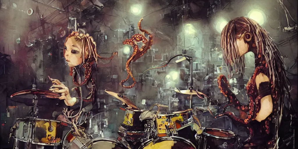 Image similar to Octopus girl playing R&R drum kit in the spotlight with rock band concert, cyberpunk, realistic, detailed, Industrial Scifi, paint, watercolor, in the style of Ashley Wood and Wadim Kashin