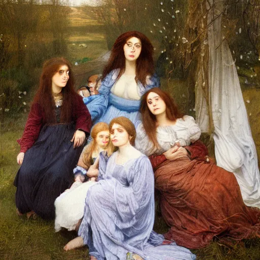 Image similar to painting of a pre - raphaelite family surrounded by clothes, 5 0 mm lens, f 1. 4, sharp focus, ethereal, emotionally evoking, head in focus, volumetric lighting, blur dreamy outdoor,