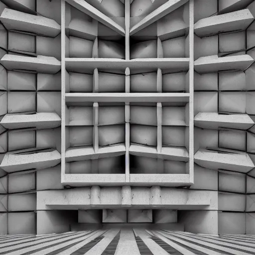 Image similar to symmetry, parallel perspective with center end point, parallax mapping of brutalist shop, by maurits cornelis escher, octane render, high quality