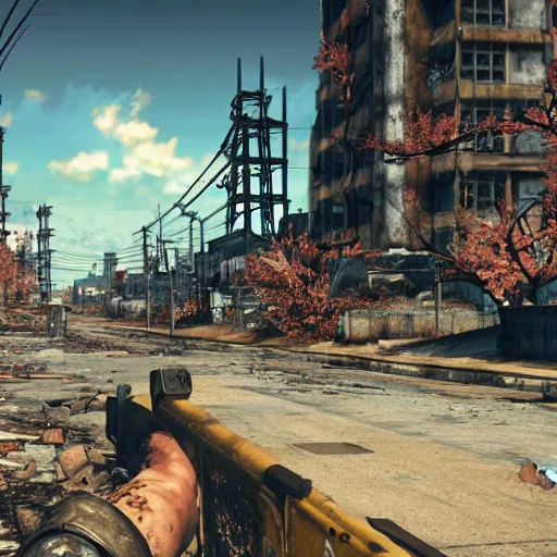 Image similar to Osaka in ruins post-nuclear war in Fallout 4, in game screenshot
