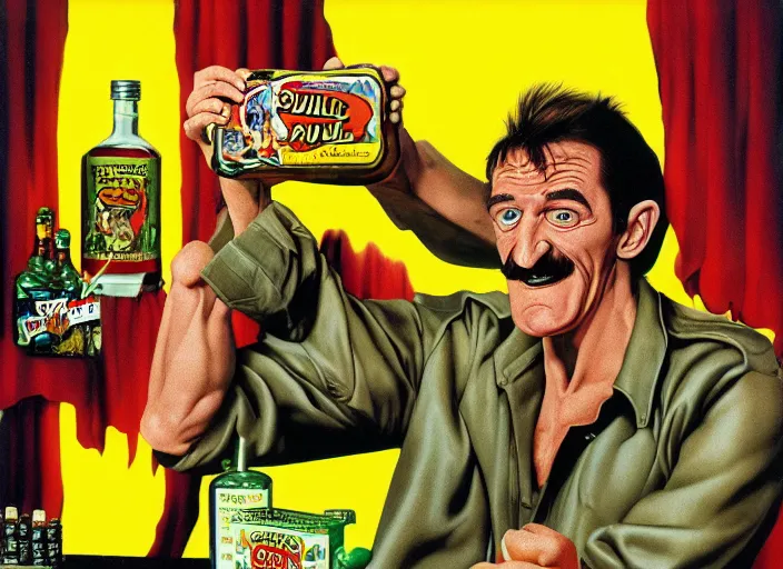 Image similar to barry chuckle drinking a bottle of snake oil, snake oil advertisement from 1 9 8 8, artwork by richard corben, 3 d, high resolution 8 k