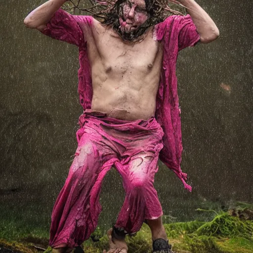 Image similar to The performance art shows a man caught in a storm, buffeted by wind and rain. He clings to a tree for support, but the tree is bent nearly double by the force of the storm. The man's clothing is soaked through and his hair is plastered to his head. His face is contorted with fear and effort. magenta by Alexej von Jawlensky, by Jamie Hewlett unplanned, defined