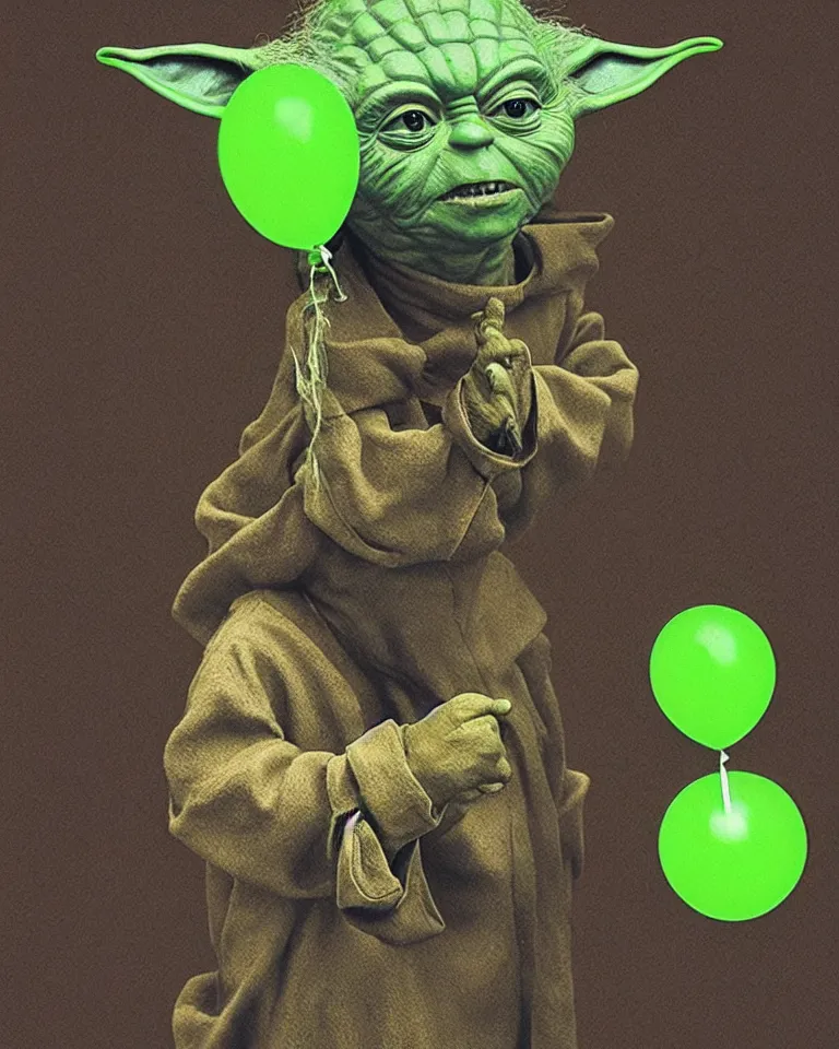 Prompt: yoda holding a green balloon in the tokyo suburbs by wes anderson and zdzislaw beksinski, highly detailed, trending on artstation, sigma 5 0, hyper realistic